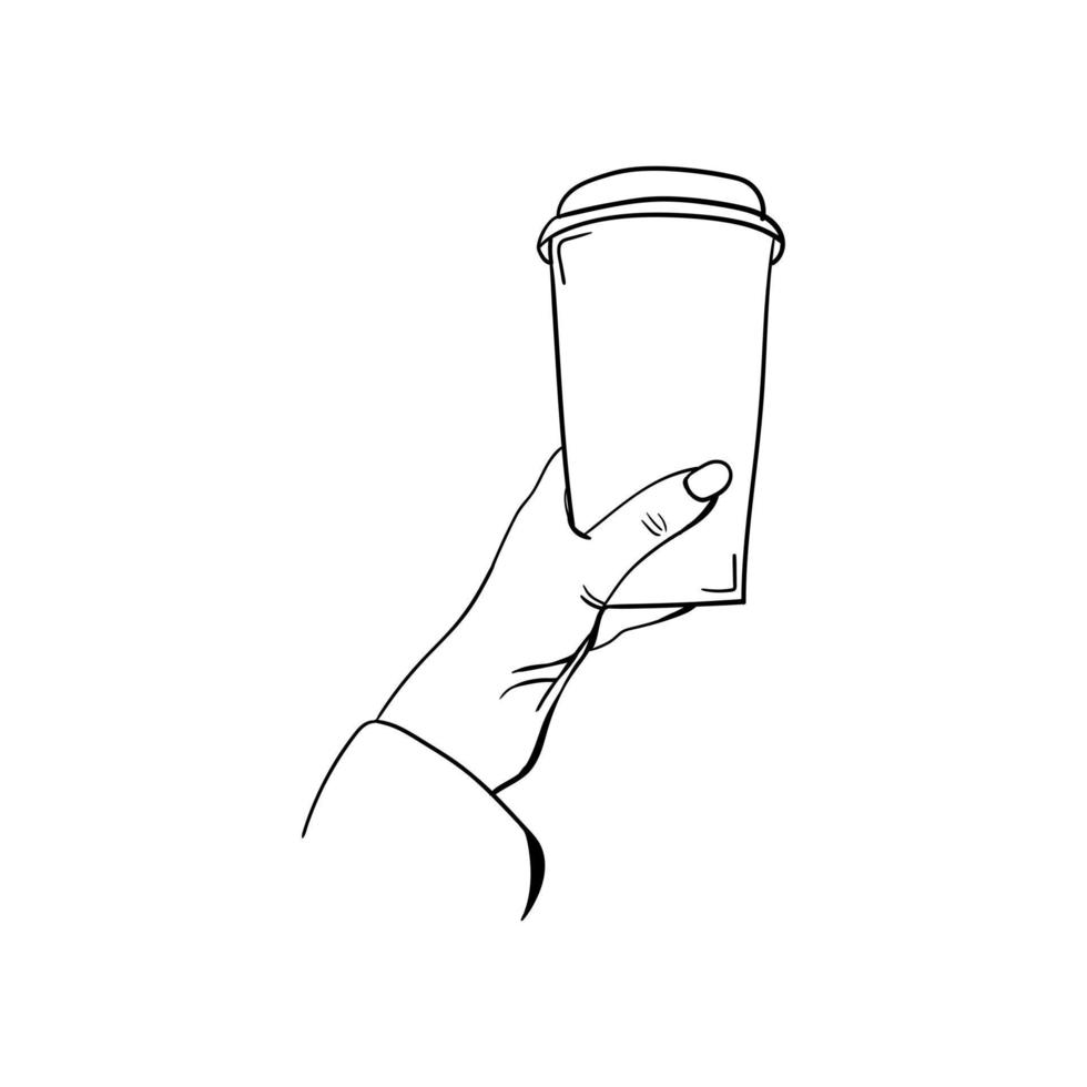 icono de la mano sosteniendo una taza de café, arte de línea dibujado a mano de la mano sosteniendo una taza de café vector