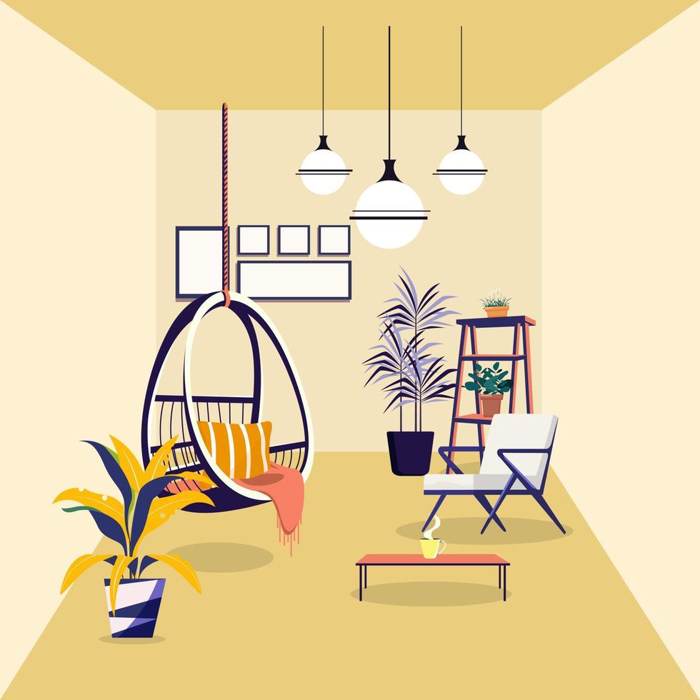 Swing chair made by rattan. plants, lamp,coffee table and many wall decoration. Cozy home interior. Vector flat cartoon illustration