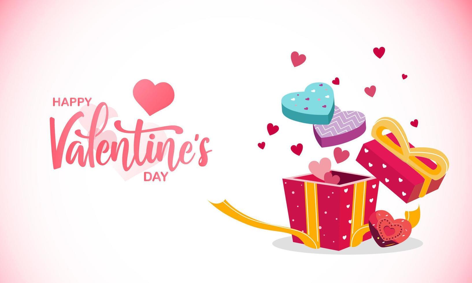 Valentine's day design with gifts boxes. Open gift box full of decorative festive object. Holiday banner, web poster, flyer, stylish brochure, greeting card, cover. Romantic background vector