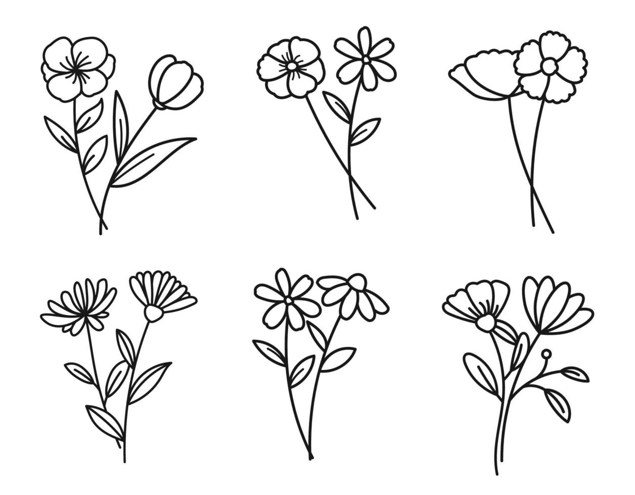 Floral branch set. Hand drawn with leaves and flowers on white background. vector