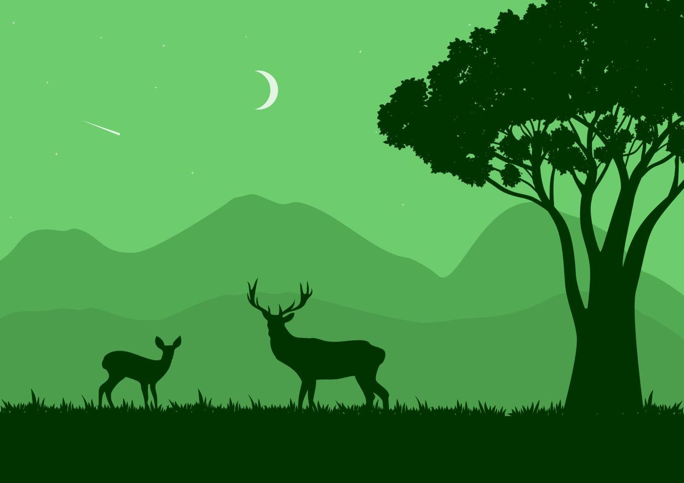 wildlife landscape vector illustration with a green silhouette
