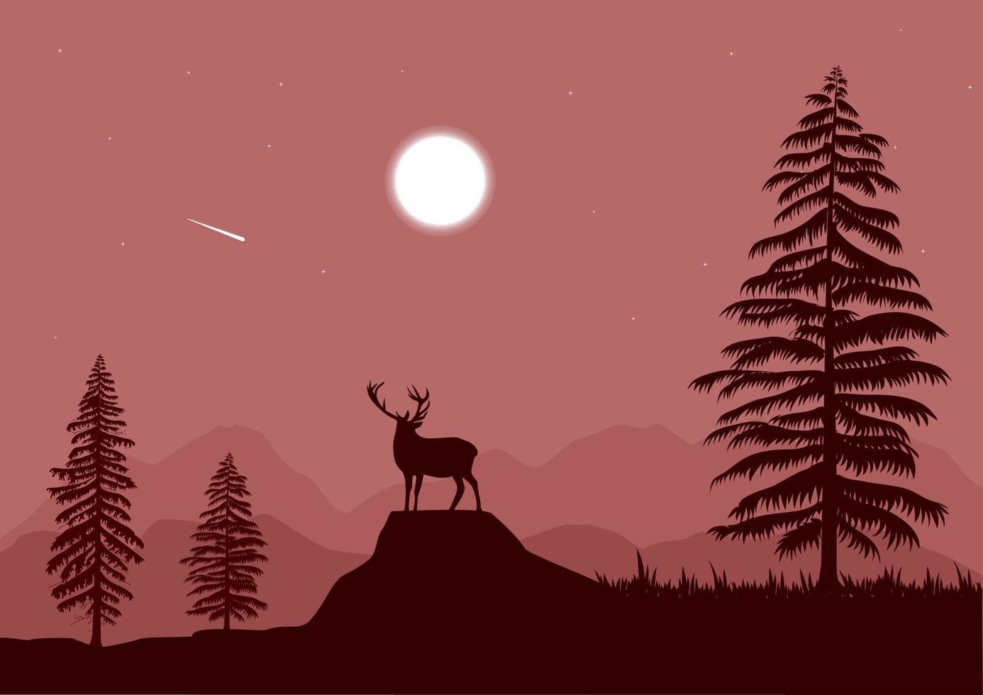 paisaje con una silueta de ciervo rojo y una ilustración de vector de luna