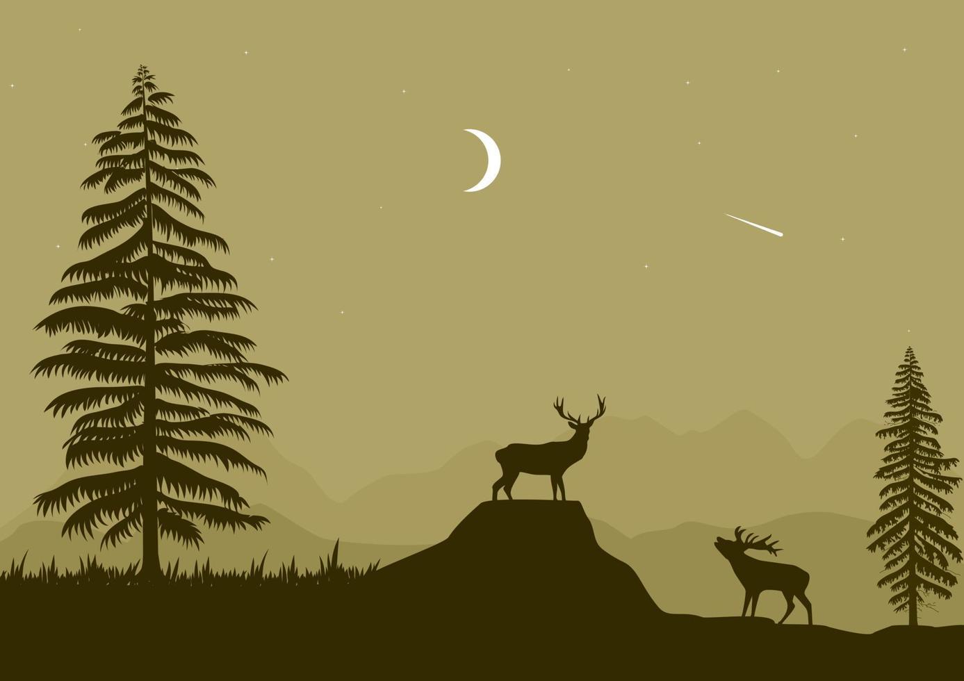 paisajes con ciervos y luna creciente ilustración vectorial vector