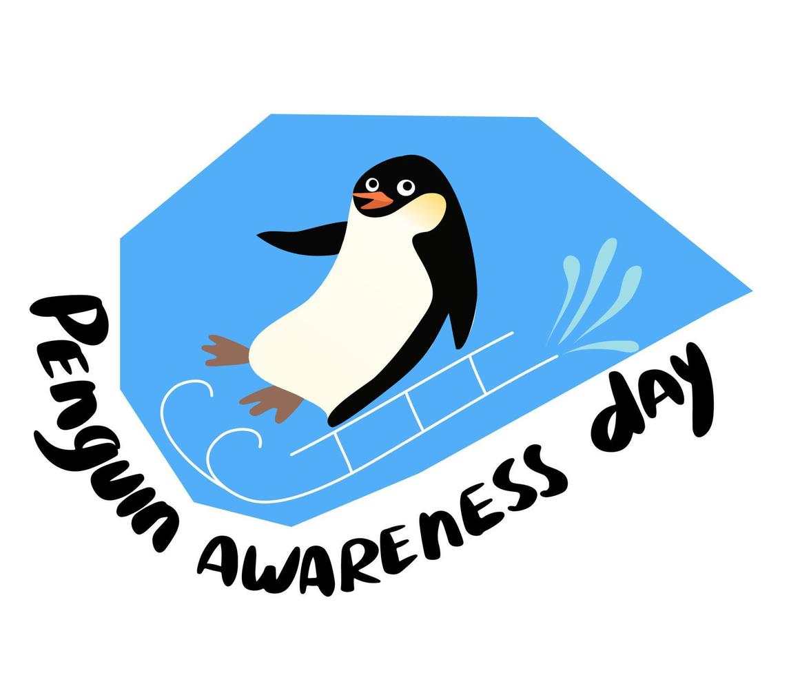 Handwritten phrase World penguine day. Cute funny penguin sledding. vector