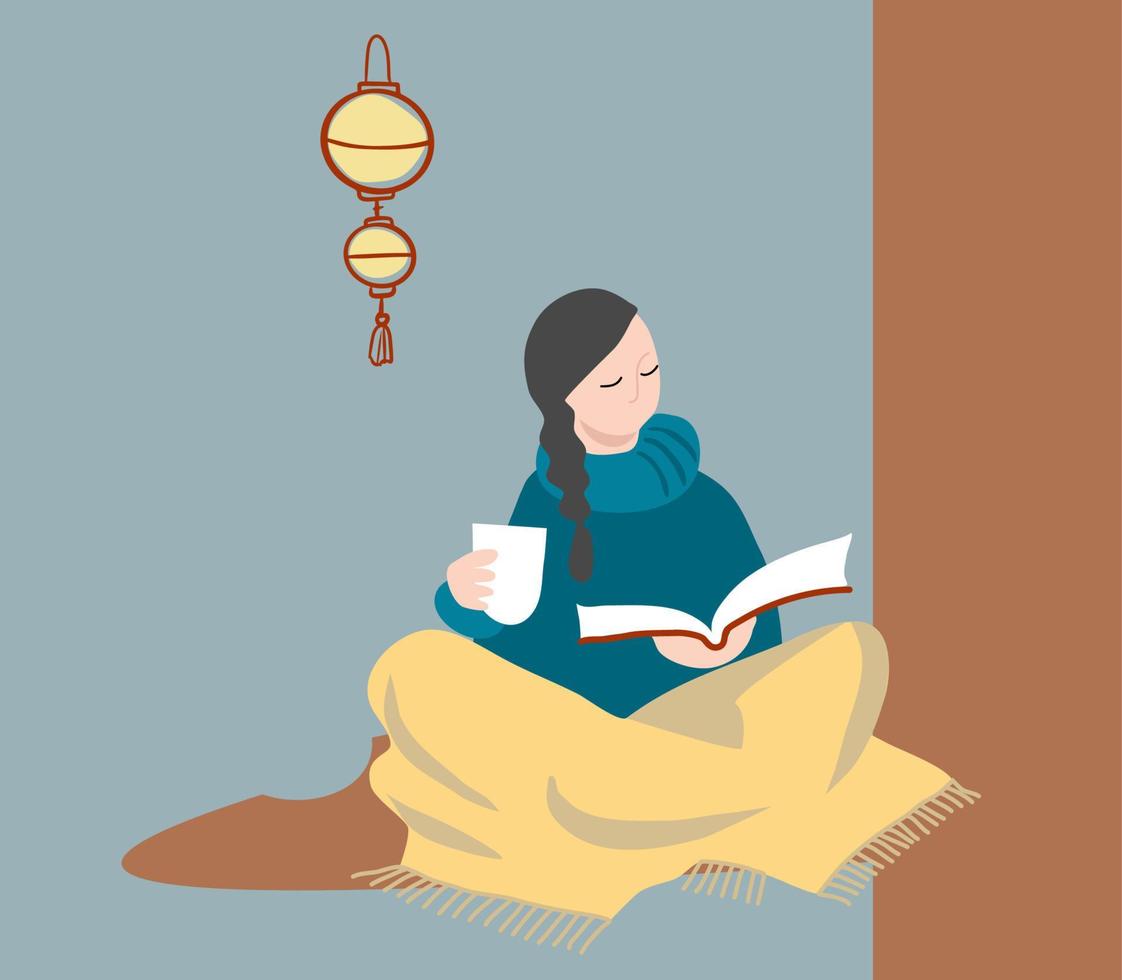 acogedora composición casera con el personaje de una chica en una manta con un libro de lectura de taza vector