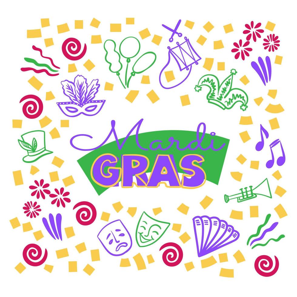 conjunto de garabatos de mardi gras para afiches, invitaciones a fiestas, pancartas o volantes vector