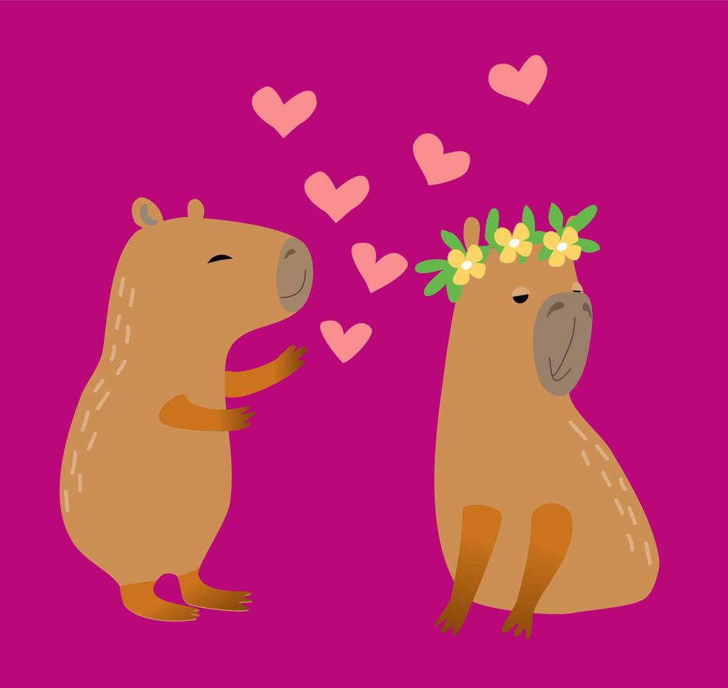 Greeting card with cute capibaras in love, cartoon flat vector illustration. Valentines day