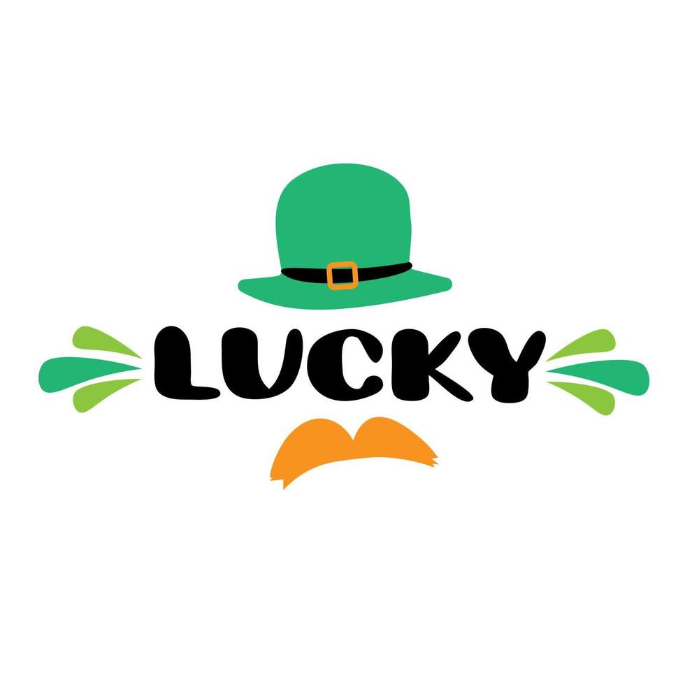 Happy St Patricks day, hand lettering, shamrock cloverleaf, leprechaun hat. Festive greeting card concept vector