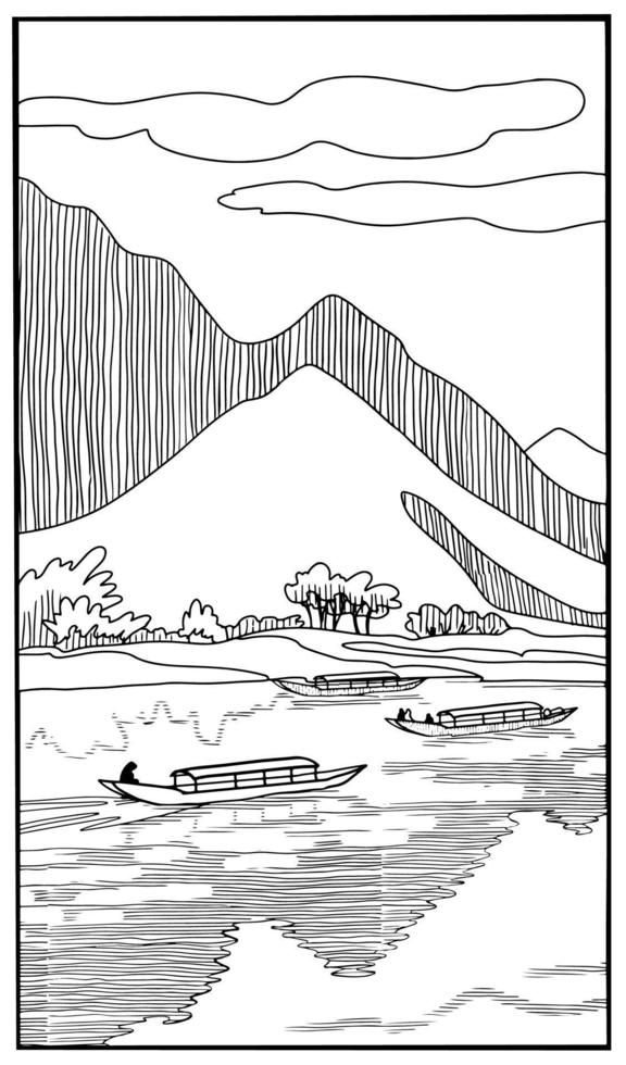 Coloring book . Lovely landscape,mountains and boats on the river. Vector art line background.