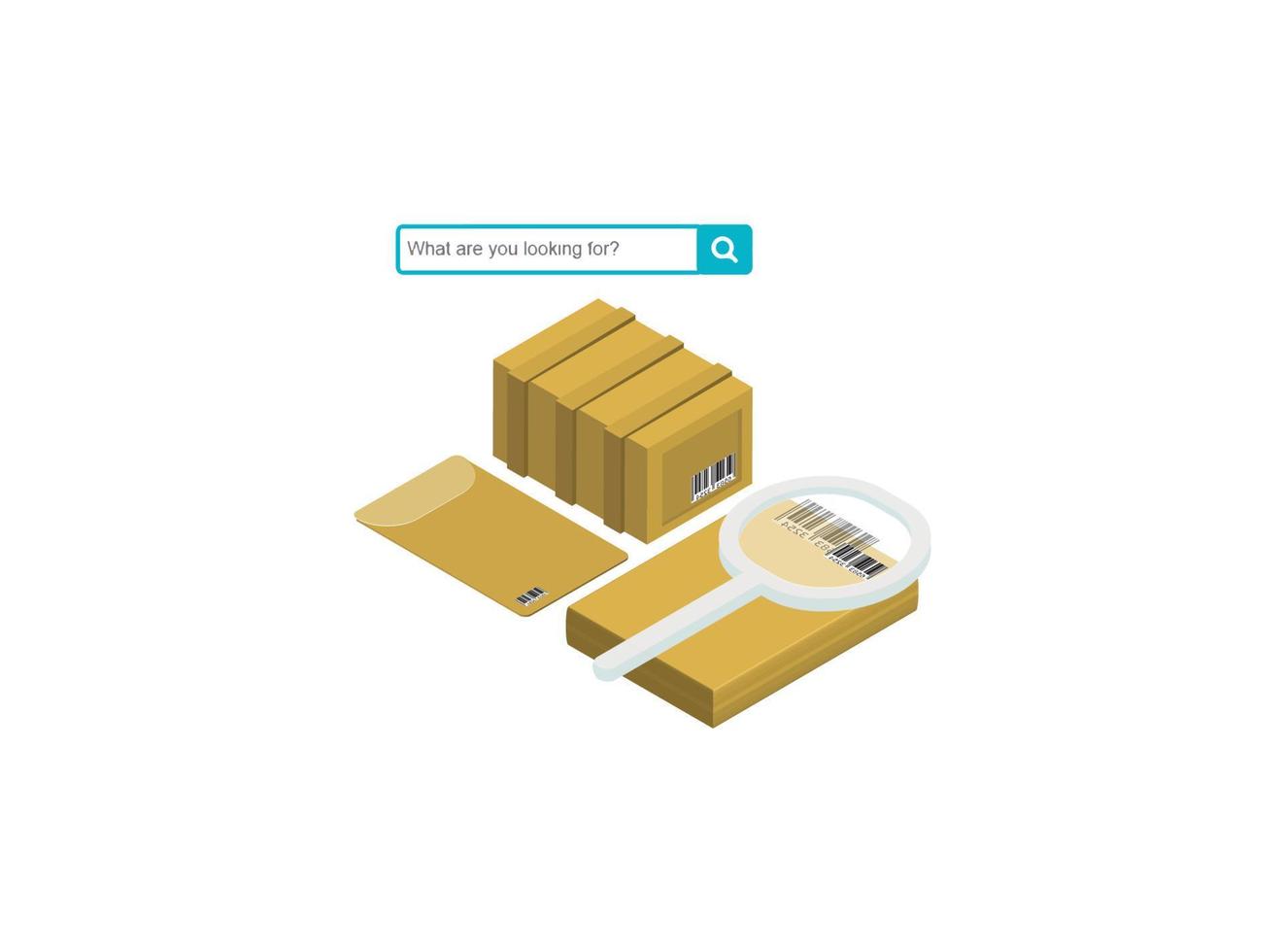Parcel package order tracking flat 3d isometry isometric business online store shop delivery concept web vector illustration. Big box on magnifier and micro customers. Creative people