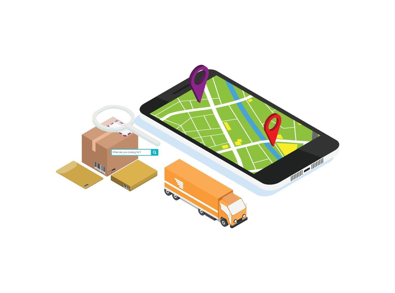 Delivery app isometric illustration. E-commerce. Track service. Truck shipping. Global online navigation. Delivery tracking infographic. Smartphone app, web, banner design. Isolated vector