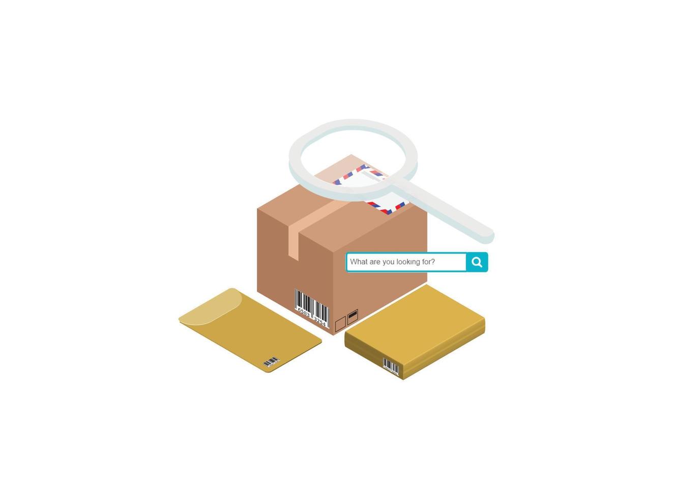 Parcel package order tracking flat 3d isometry isometric business online store shop delivery concept web vector illustration. Big box on magnifier and micro customers. Creative people