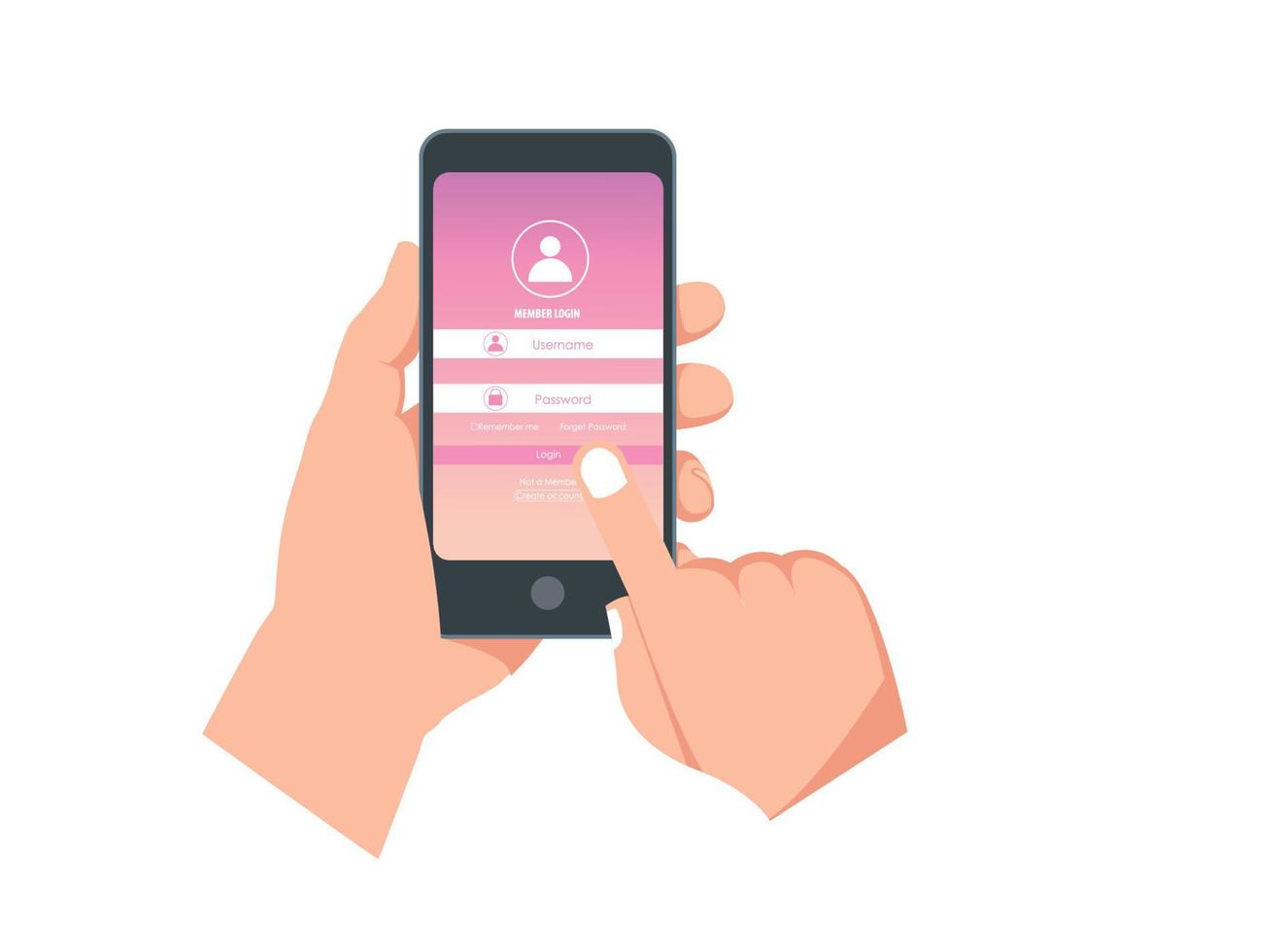 Login form page template with phone for app development, smartphone mockups, website ui elements, online login form, registration, user profile, access to account. Vector 10 eps