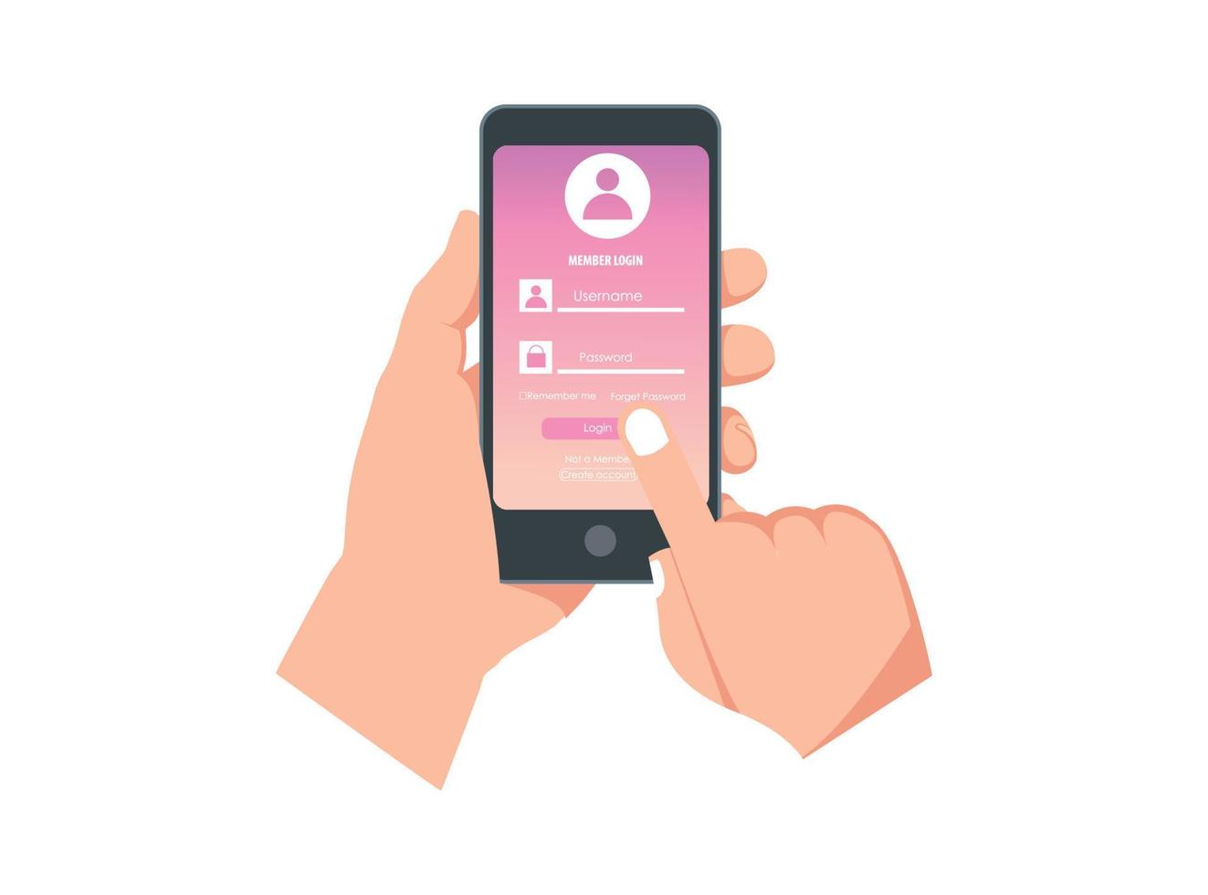 Login form page template with phone for app development, smartphone mockups, website ui elements, online login form, registration, user profile, access to account. Vector 10 eps