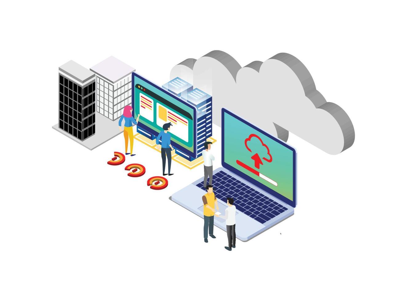 Internet datacenter connection, administrator of web hosting concept. Character and text for services. Tech repair center hardware software database for safe server. Flat isometric vector illustration