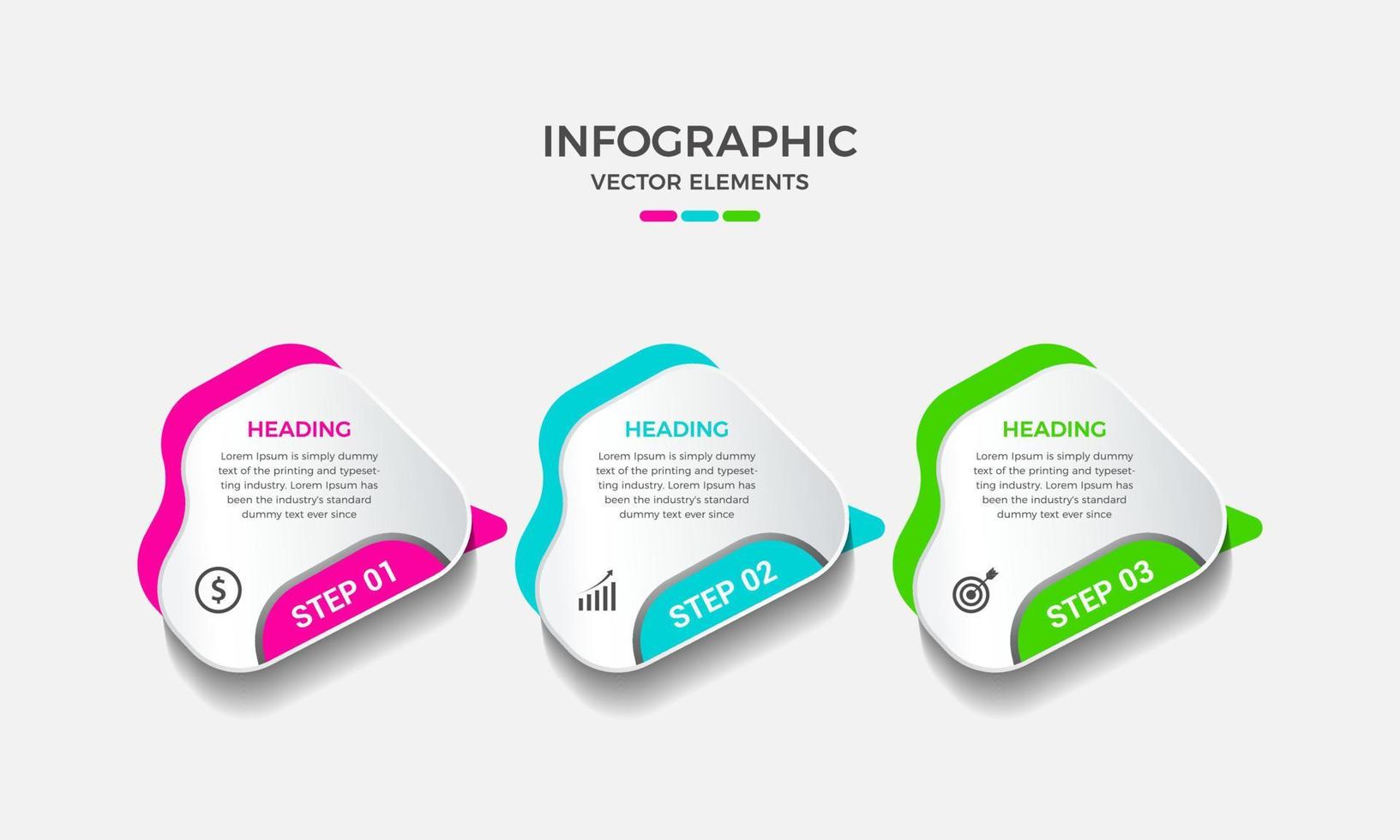 Business infographic design template with 3 or three steps, options or processes. Creative infographic vector elements design. Can be used for process presentations, flow chart, info graph