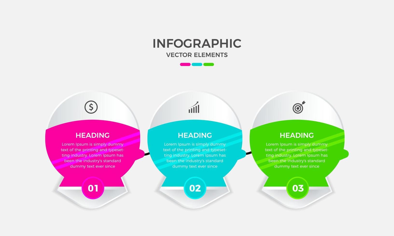Creative infographic vector elements design. Can be used for process presentations, flow chart, info graph. Business infographic design template with 3 or three steps, options or processes