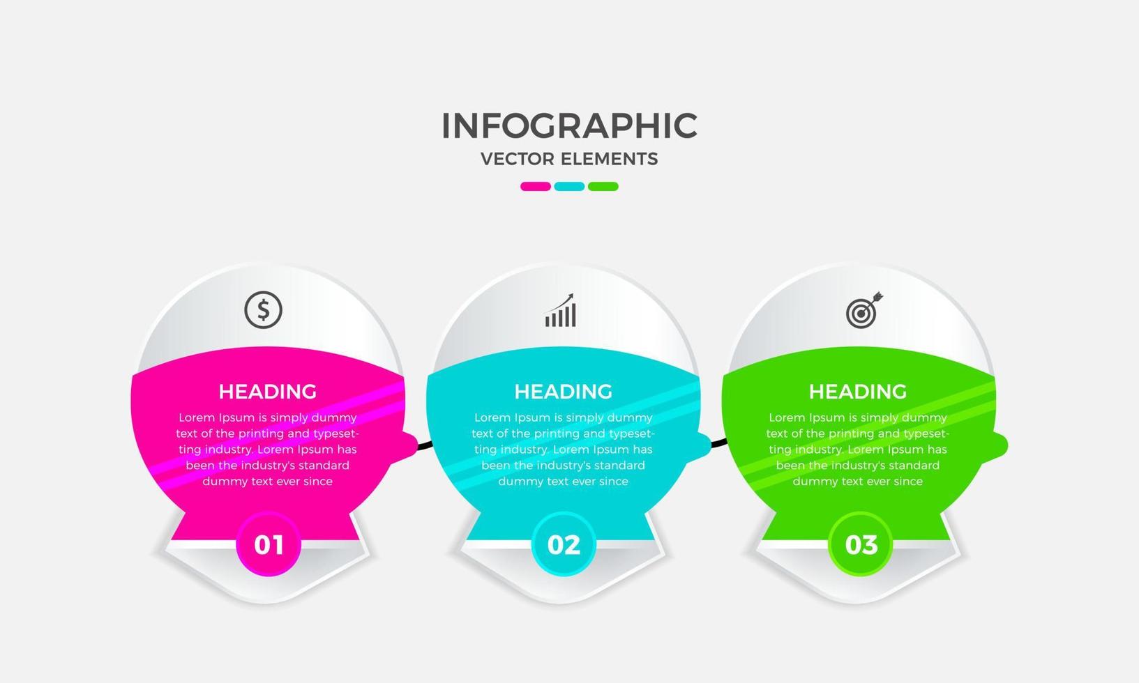 diseño de elementos vectoriales infográficos creativos. se puede utilizar para presentaciones de procesos, diagramas de flujo, gráficos de información. plantilla de diseño infográfico empresarial con 3 o tres pasos, opciones o procesos vector