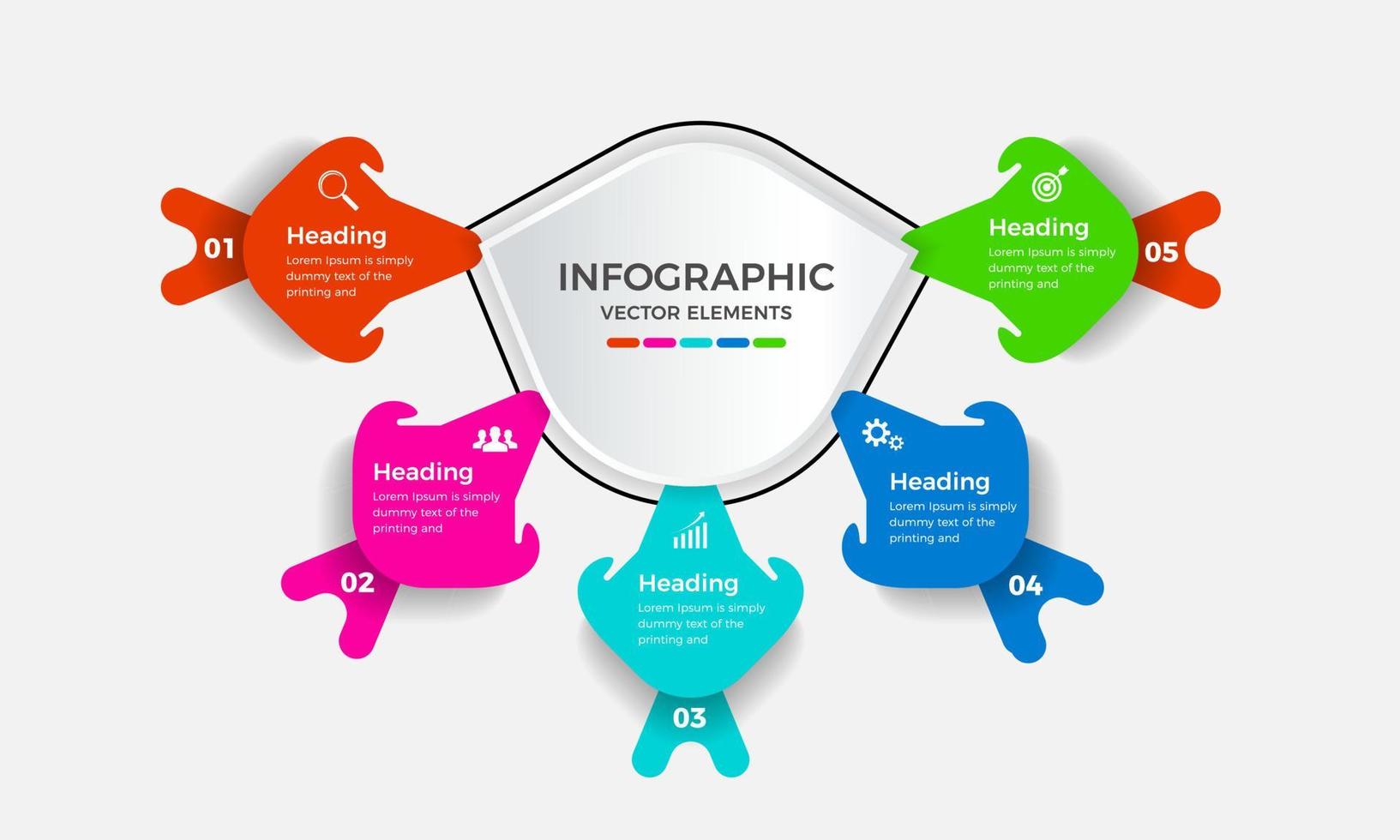 Business infographic design template with 5 or five steps, options or processes. Creative infographic vector elements design. Can be used for process presentations, flow chart, info graph