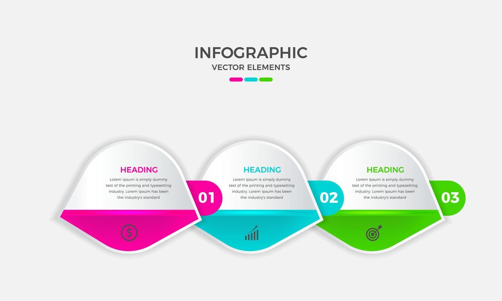 plantilla de diseño infográfico empresarial con 3 o tres pasos, opciones o procesos. diseño de elementos vectoriales infográficos creativos. se puede utilizar para presentaciones de procesos, diagramas de flujo, gráficos de información vector