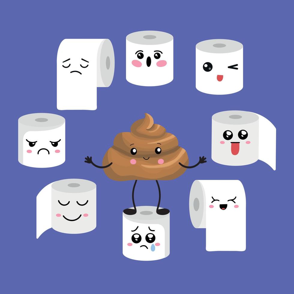 A set of toilet paper rolls in different positions. Illustration of a brown turd. Toilet and bathroom element. Hygiene and sanitation. Cartoon flat illustration vector