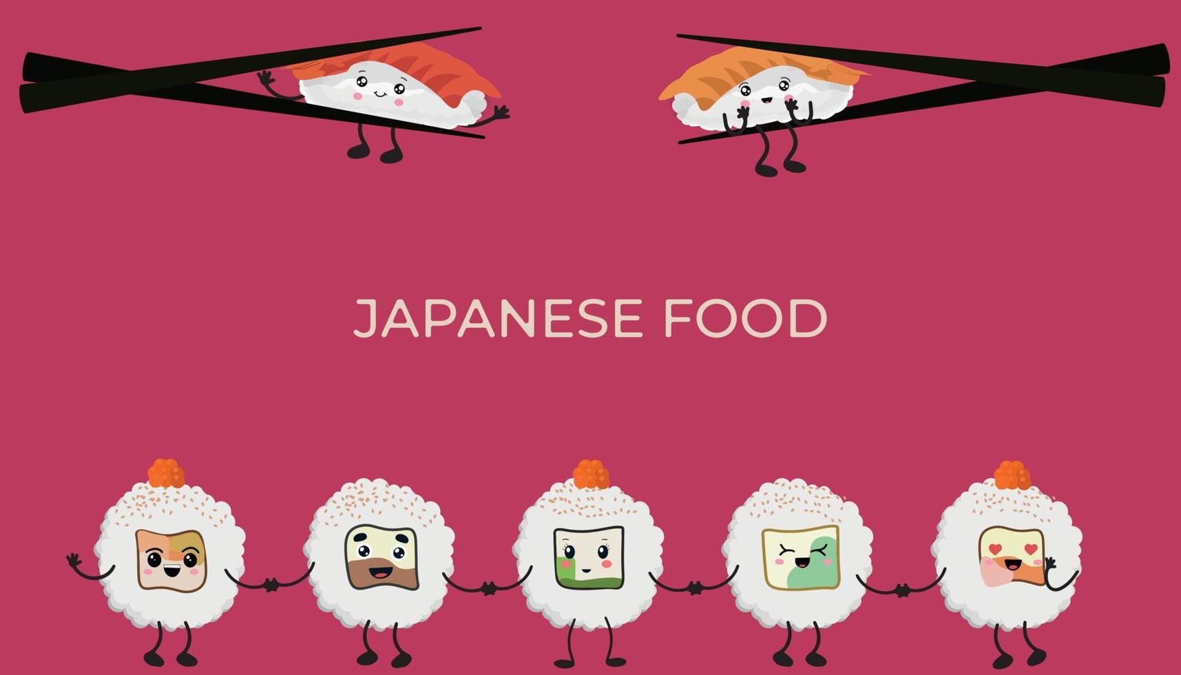 Vector illustration of Onigiri and sushi in the style of kawaii. Flat style.