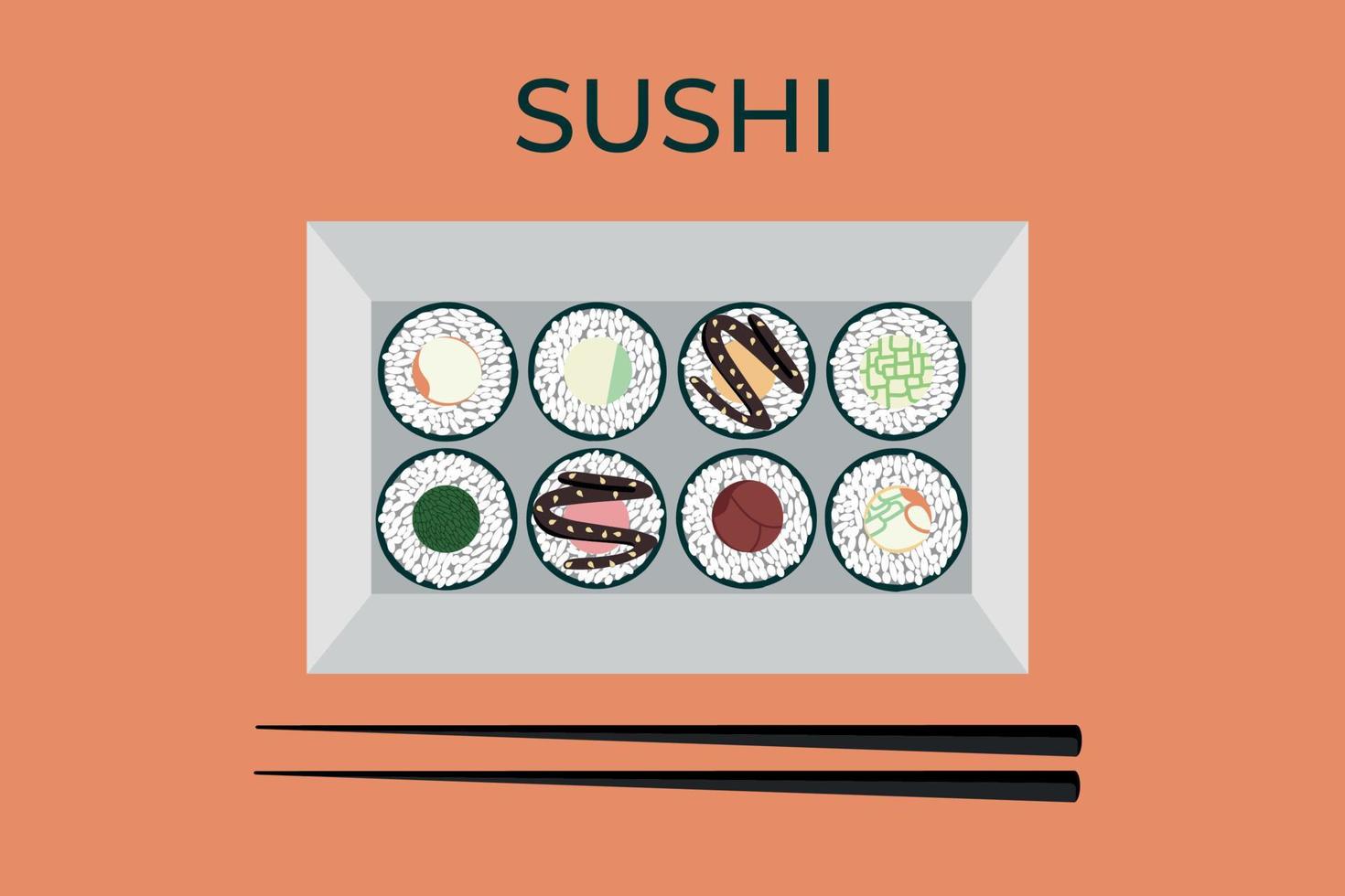 Vector icon set of yummy colored sushi rolls. Collection of different flavours and kinds. Traditional Japanese food. Asian seafood group. Template for sushi restaurant, cafe, delivery or your business