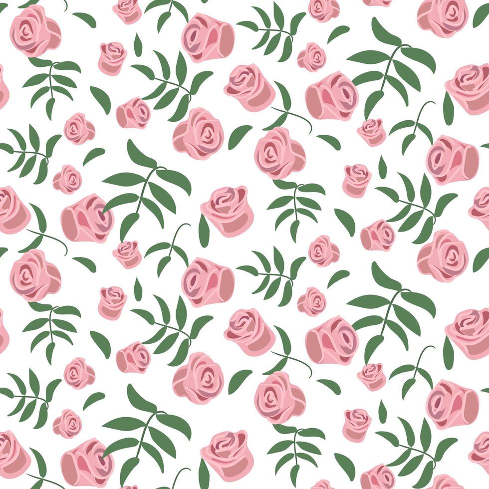 un patrón de capullos de rosa rosa con ramitas verdes sobre un fondo blanco. fondo delicado para la impresión en papel y textiles. impresión para embalaje, postales para el día de la madre, día de San Valentín, cumpleaños vector