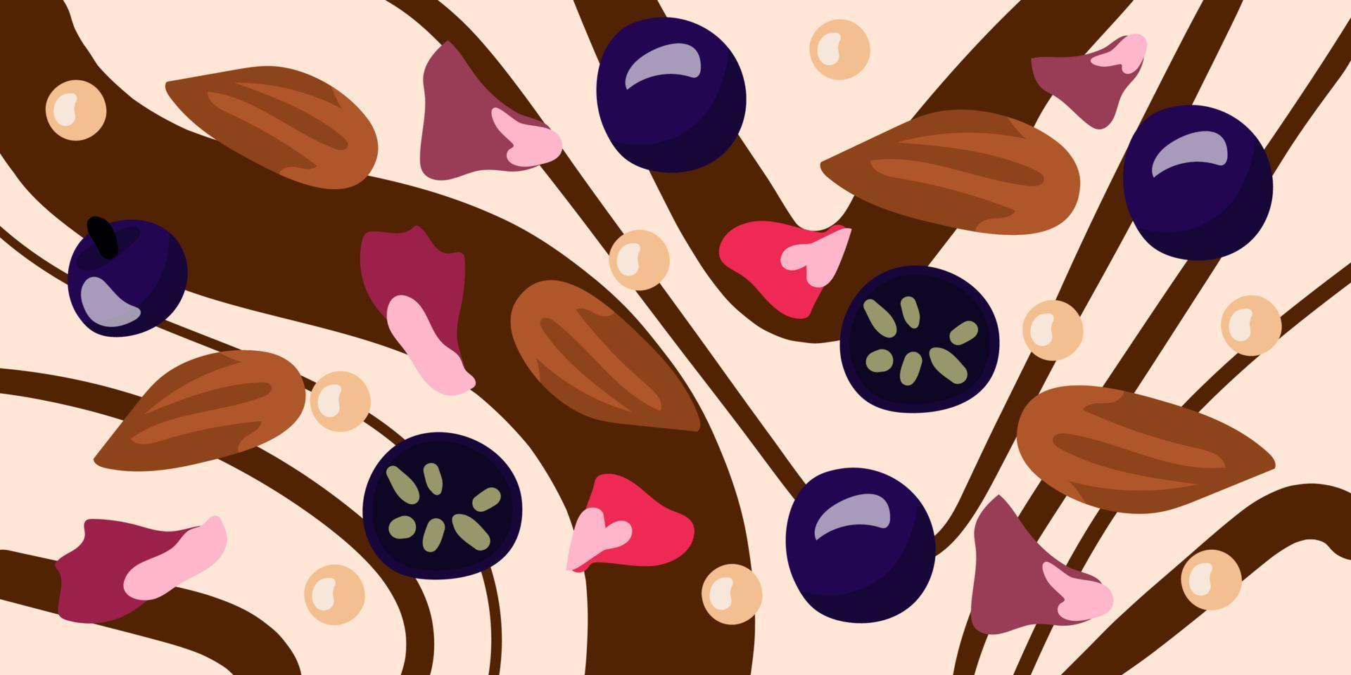 Background of decorative chocolate for Valentine's Day for lovers. Chocolate background with berries, fruits, nuts. White and dark chocolate with additives. To print banners vector