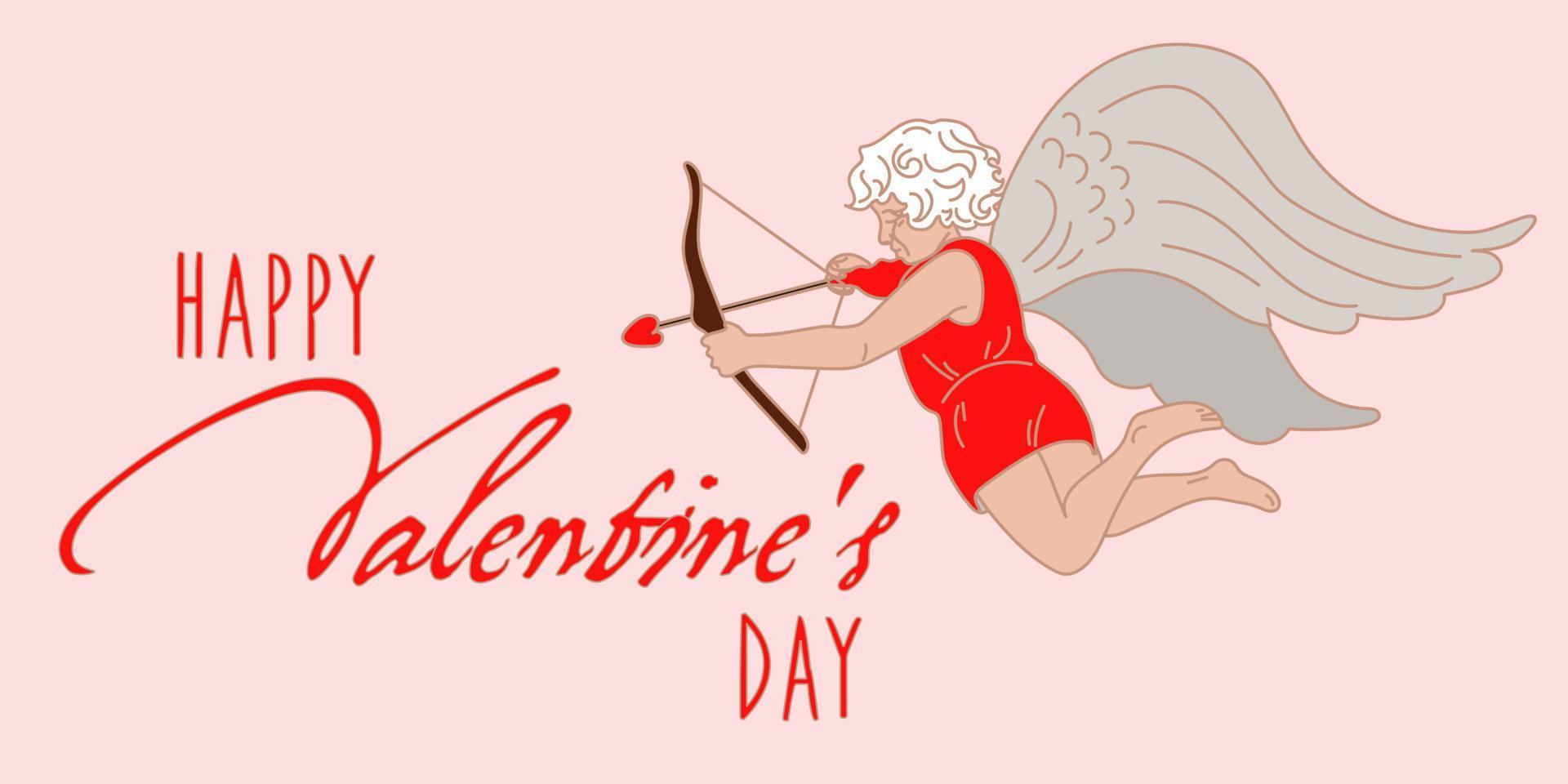 una tarjeta del día de san valentín. inscripción de feliz día de san valentín en un fondo delicado. bebé cupido dispara flechas a corazones voladores. impresión en postal de papel, pancarta vector