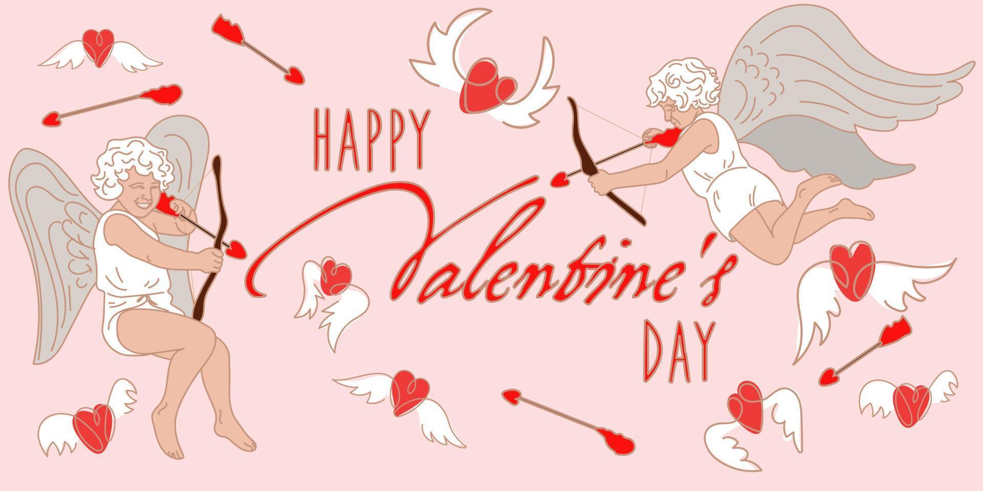 A Valentine's Day card. Happy Valentine's Day inscription on a delicate background. A couple of baby cupids shoot arrows at flying hearts. Printing on paper postcard, banner vector