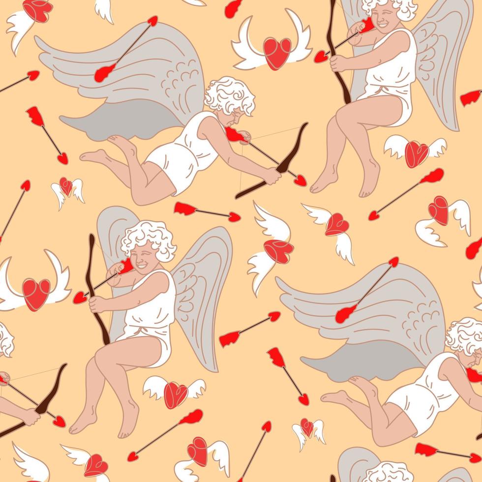 A pattern of cupids shooting at hearts and looking for a soul mate. Hunting for flying hearts. Angels with wings bows and arrows. Printing on textiles and paper. Cute retro style gift wrapping vector