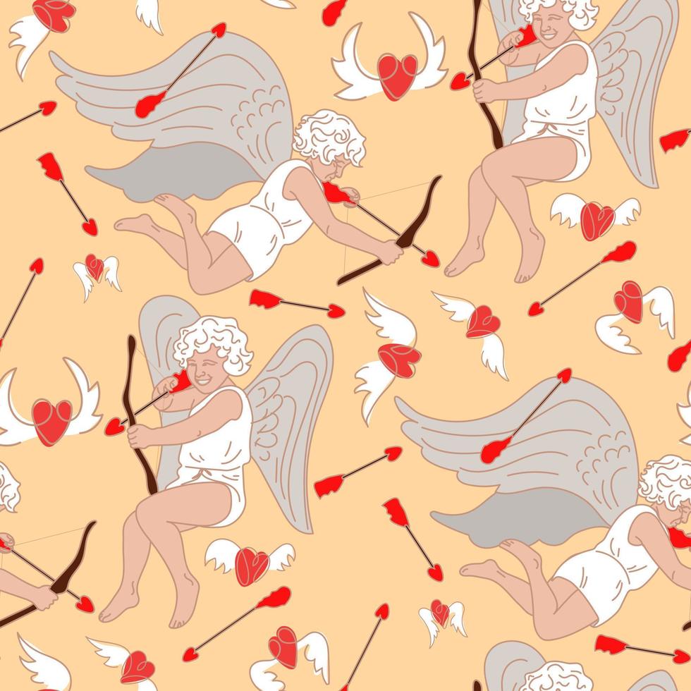 un patrón de cupidos disparando a los corazones y buscando un alma gemela. la caza de corazones voladores. ángeles con alas arcos y flechas. impresión en textiles y papel. lindo envoltorio de regalo de estilo retro vector