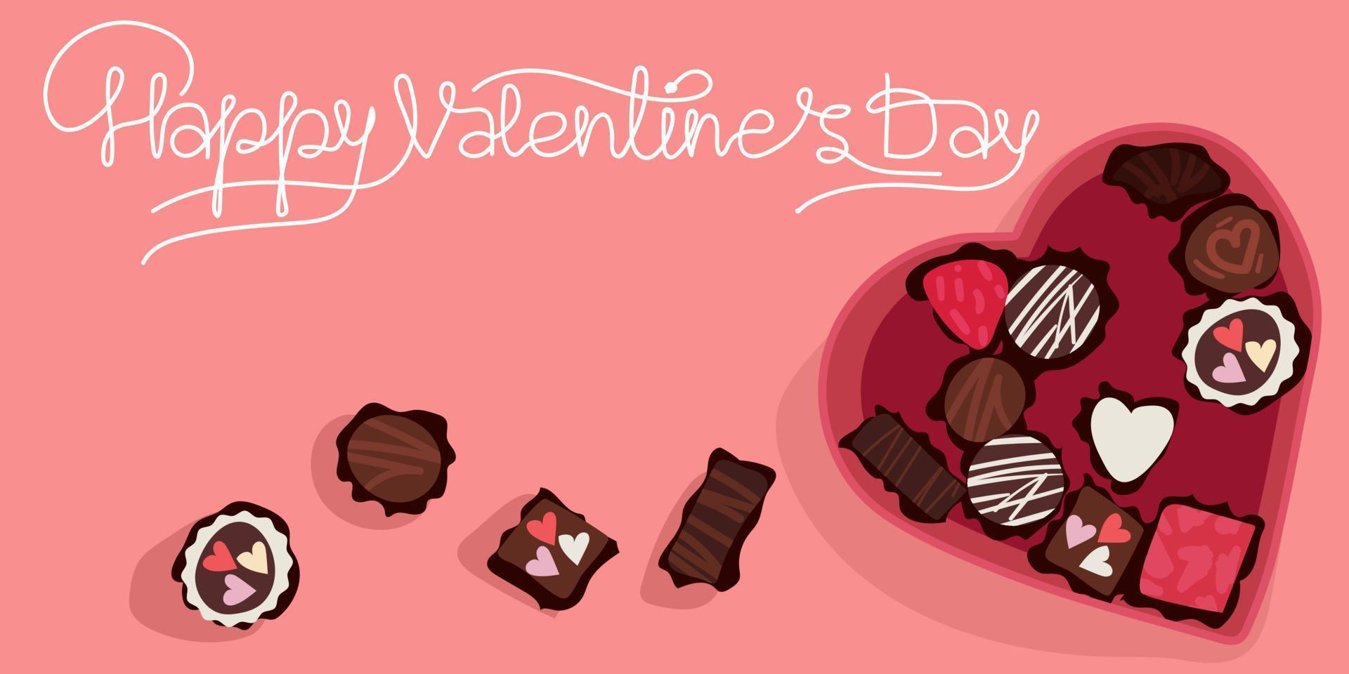 A postcard with a box of heart-shaped chocolates for Valentine's Day. A box of chocolates with text. Printing on paper. postcard, banner for the holiday of all lovers vector
