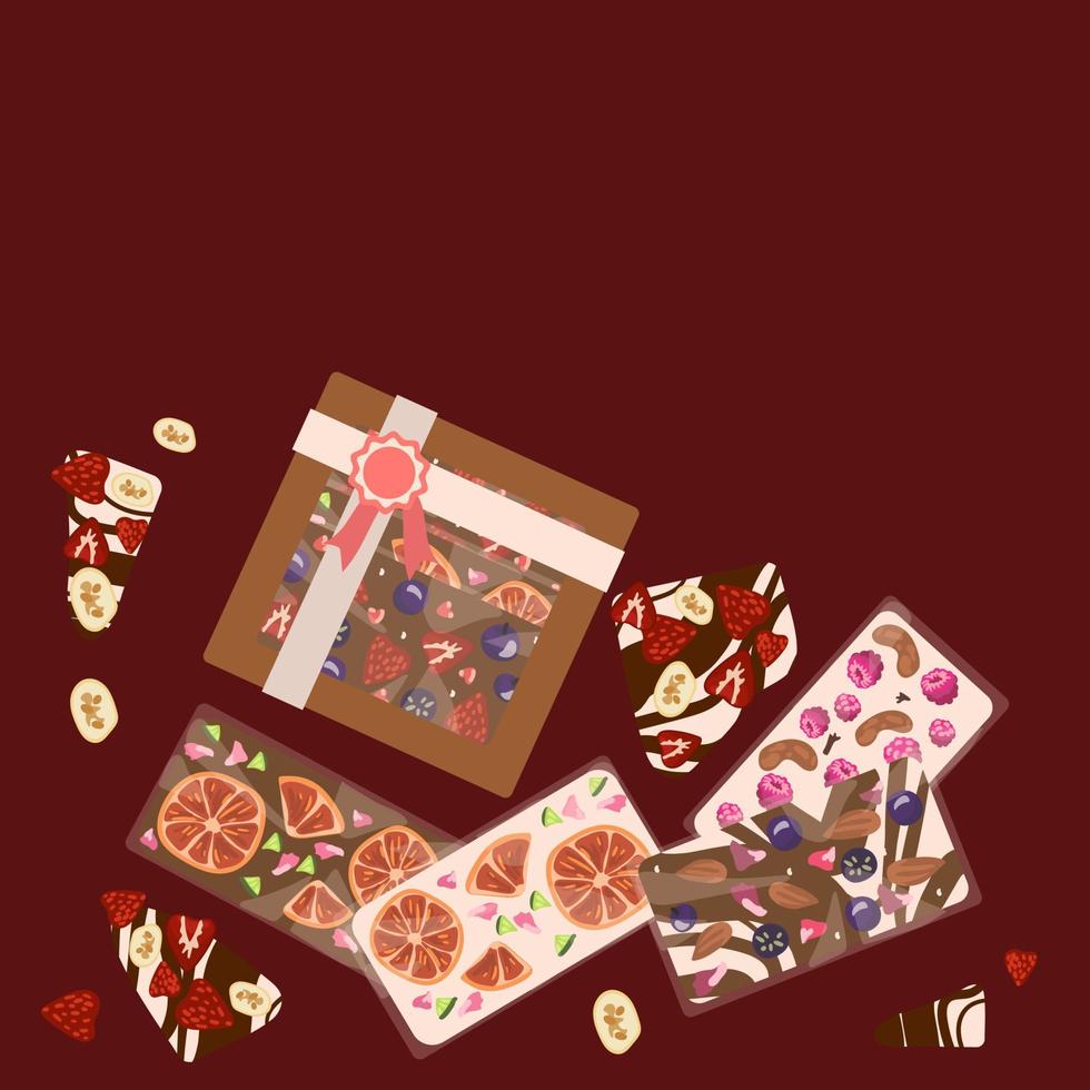 Decorative handmade dark chocolate in a box. Chocolate with the addition of berries, fruits, nuts for decoration and taste. In a gift box and packaging. Background for printing postcards, tags, banner vector