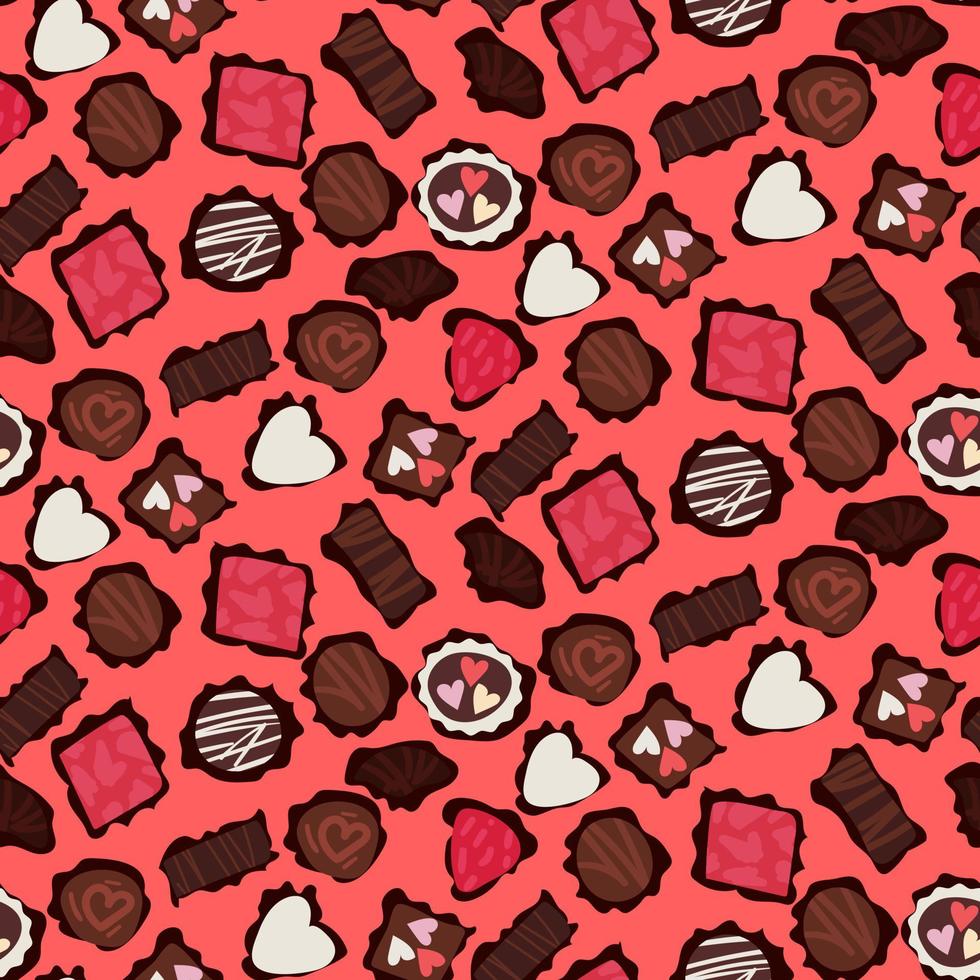 A pattern of chocolates on a dark background. A set of different chocolates with different shapes. Gift wrapping for Valentine's Day, Mother's Day, birthday vector
