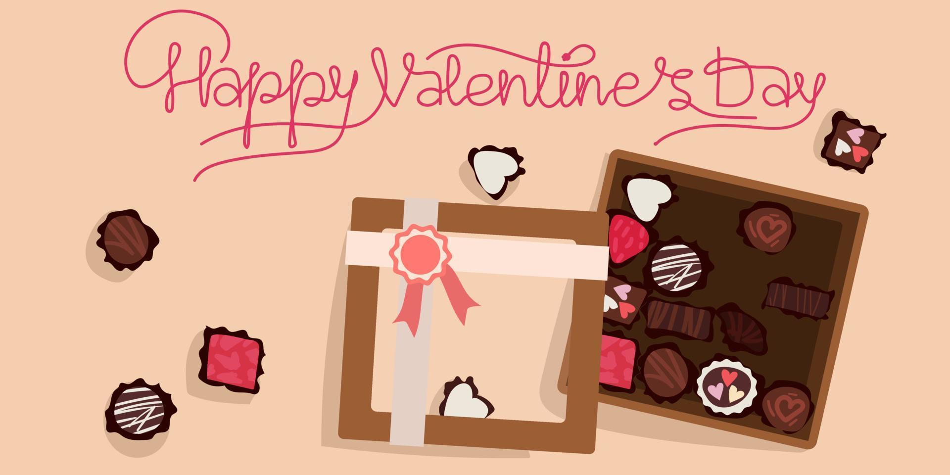 A postcard with a box of chocolates for Valentine's Day. A box of chocolates with text. Printing on paper. postcard, banner for the holiday of all lovers vector