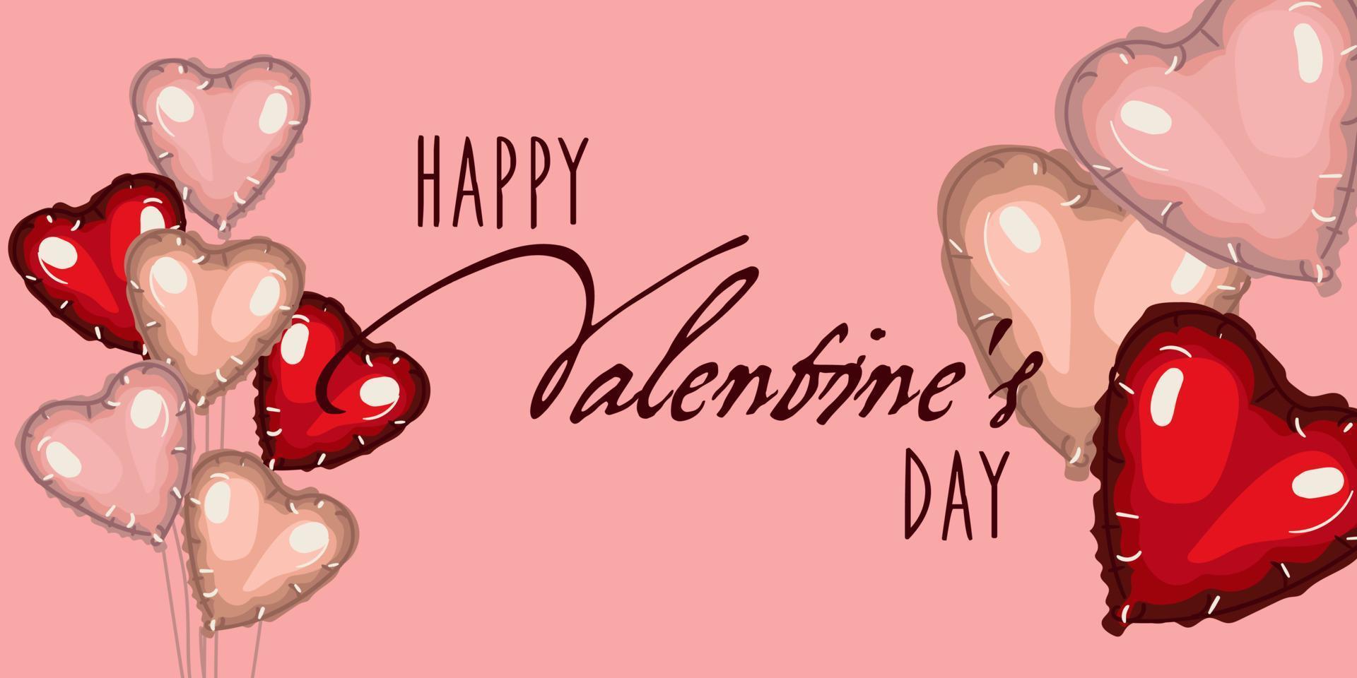 An illustration with the inscription happy Valentine's Day and heart-shaped balloons on a pink background. A gift card for all lovers. Printing on paper postcard, banner vector