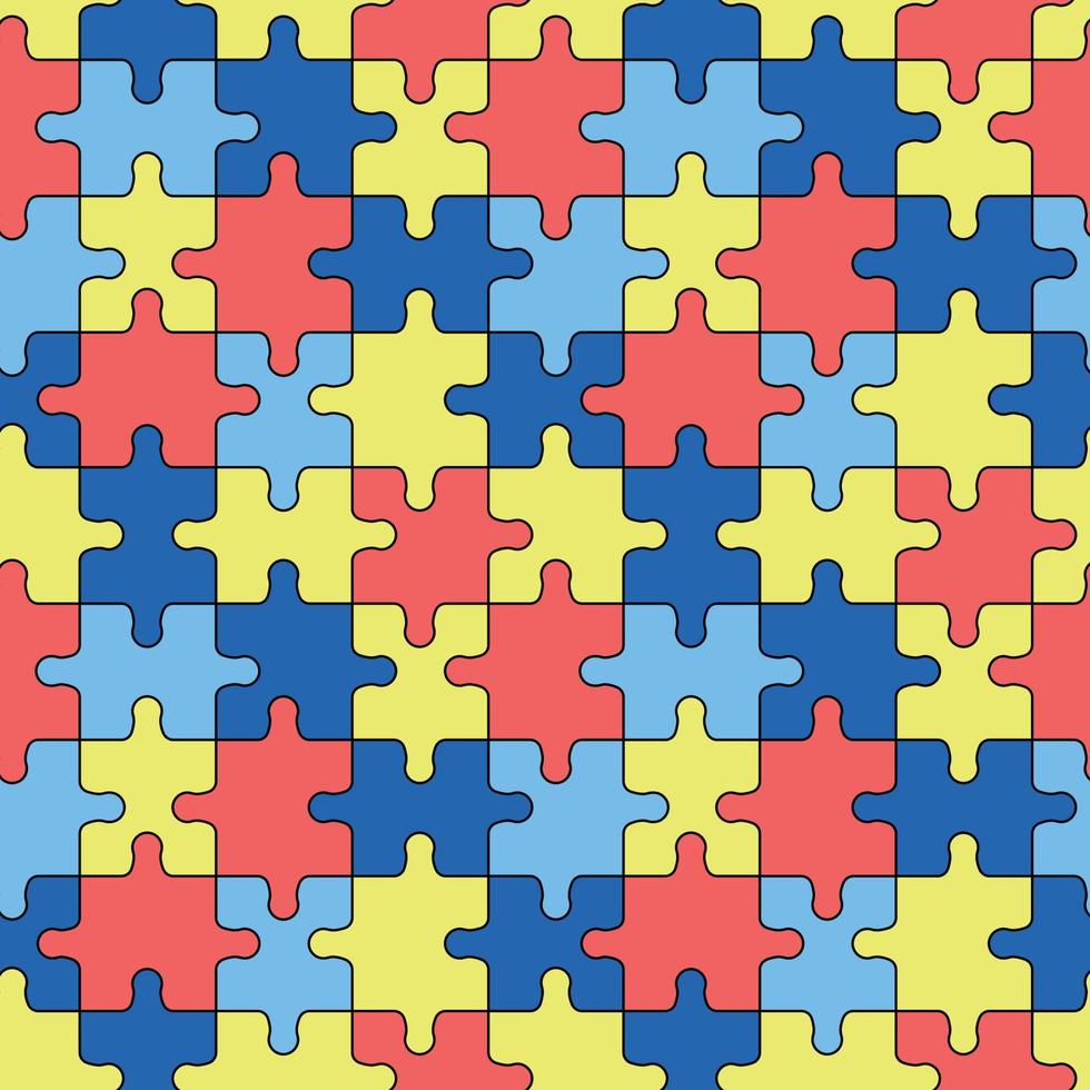 Autism puzzles pattern. Seamless background with outline colorful yellow, blue and red puzzle pieces. World Autism Awareness Day April 2. Vector illustration