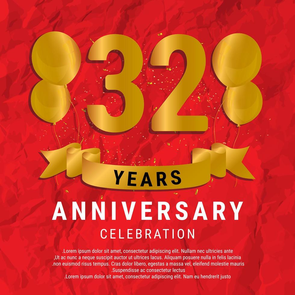 32 Years Anniversary celebration. Luxury happy birthday card background with elements balloons and ribbon with glitter effects. Abstract Red with Confetti and Golden Ribbon. Vector Illustration EPS10