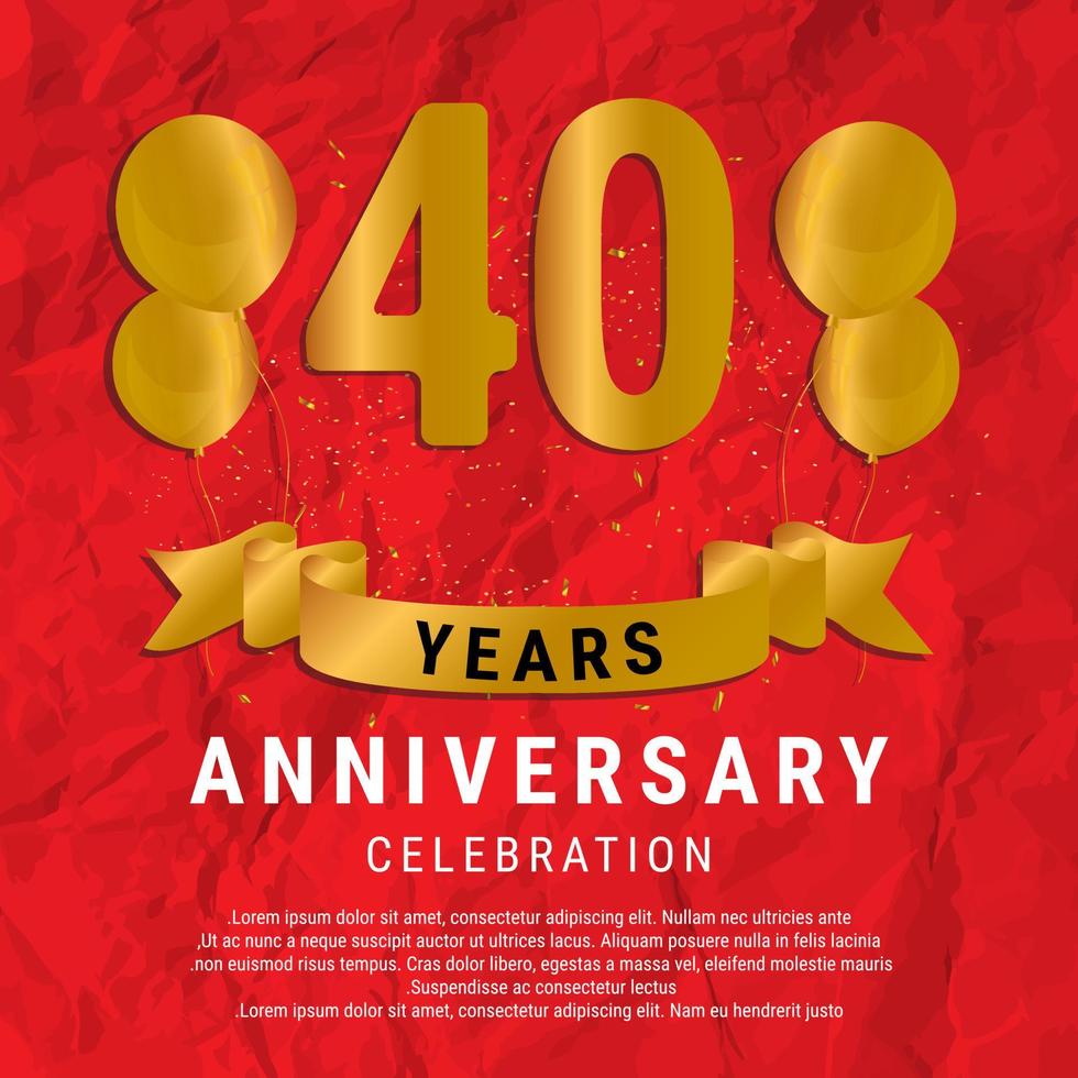 40 Years Anniversary celebration. Luxury happy birthday card background with elements balloons and ribbon with glitter effects. Abstract Red with Confetti and Golden Ribbon. Vector Illustration EPS10