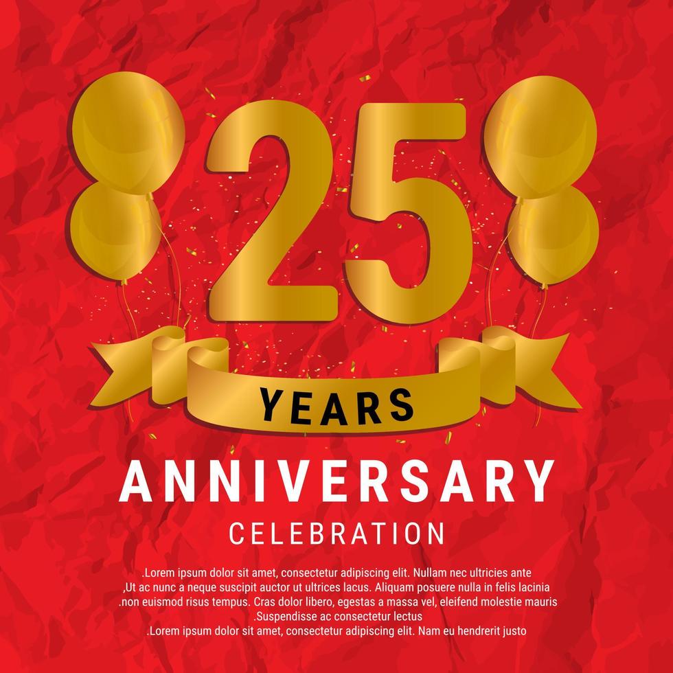 25 Years Anniversary celebration. Luxury happy birthday card background with elements balloons and ribbon with glitter effects. Abstract Red with Confetti and Golden Ribbon. Vector Illustration EPS10