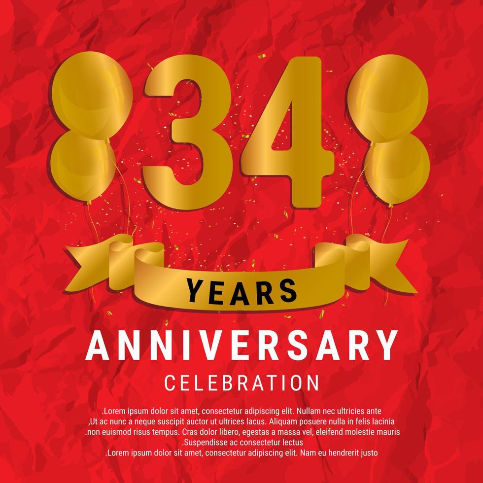 34 Years Anniversary celebration. Luxury happy birthday card background with elements balloons and ribbon with glitter effects. Abstract Red with Confetti and Golden Ribbon. Vector Illustration EPS10