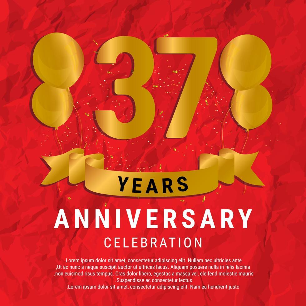 37 Years Anniversary celebration. Luxury happy birthday card background with elements balloons and ribbon with glitter effects. Abstract Red with Confetti and Golden Ribbon. Vector Illustration EPS10