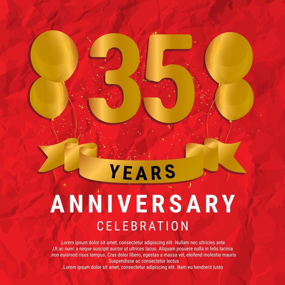 35 Years Anniversary celebration. Luxury happy birthday card background with elements balloons and ribbon with glitter effects. Abstract Red with Confetti and Golden Ribbon. Vector Illustration EPS10