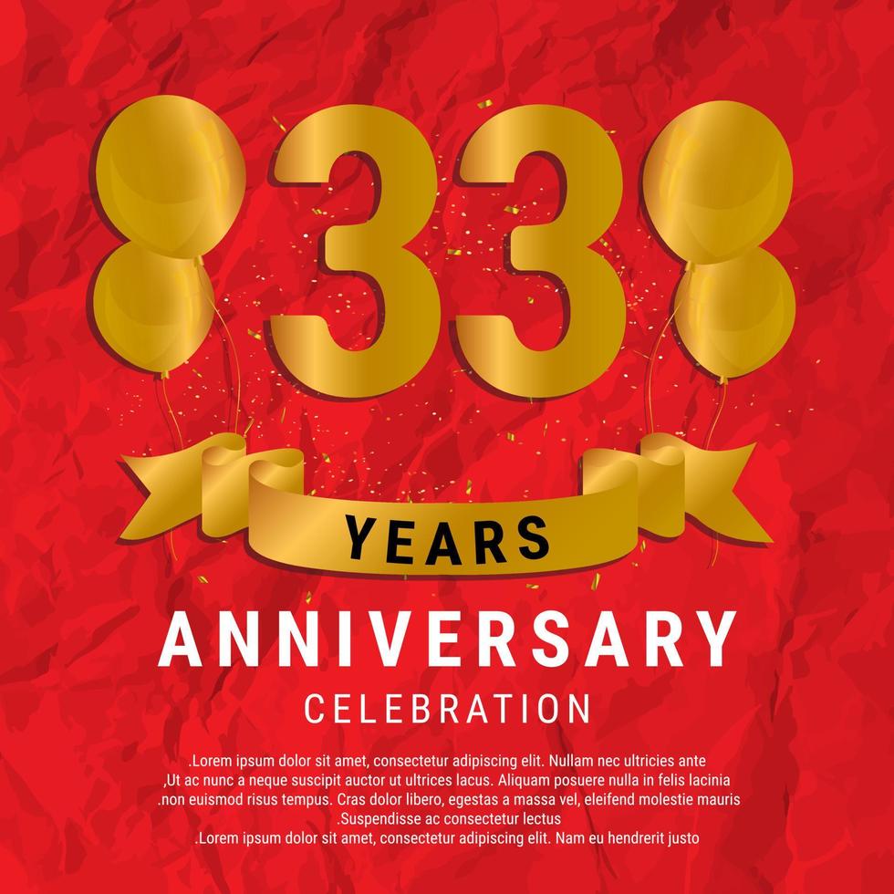 33 Years Anniversary celebration. Luxury happy birthday card background with elements balloons and ribbon with glitter effects. Abstract Red with Confetti and Golden Ribbon. Vector Illustration EPS10