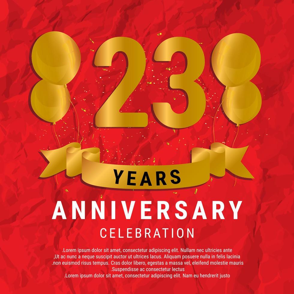 23 Years Anniversary celebration. Luxury happy birthday card background with elements balloons and ribbon with glitter effects. Abstract Red with Confetti and Golden Ribbon. Vector Illustration EPS10