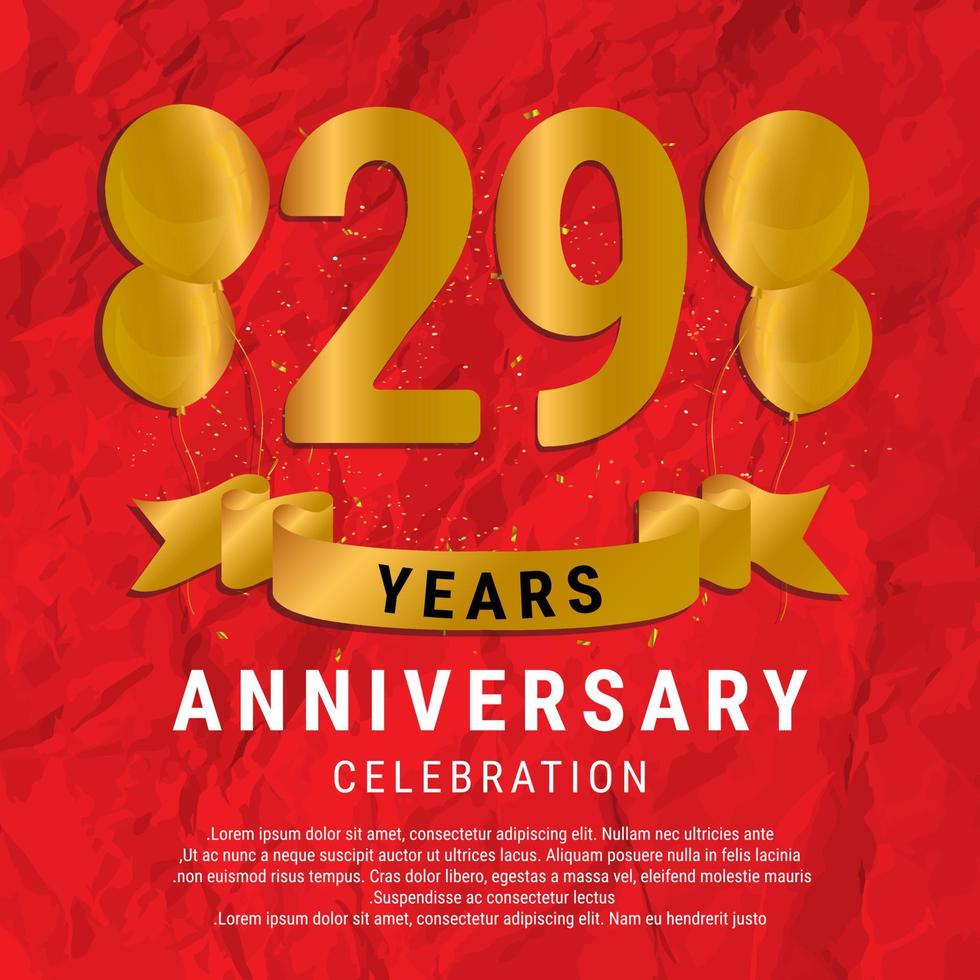 29 Years Anniversary celebration. Luxury happy birthday card background with elements balloons and ribbon with glitter effects. Abstract Red with Confetti and Golden Ribbon. Vector Illustration EPS10