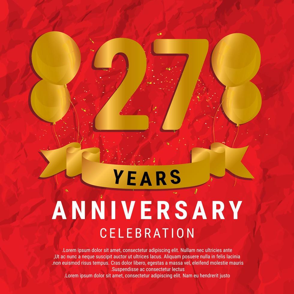 27 Years Anniversary celebration. Luxury happy birthday card background with elements balloons and ribbon with glitter effects. Abstract Red with Confetti and Golden Ribbon. Vector Illustration EPS10