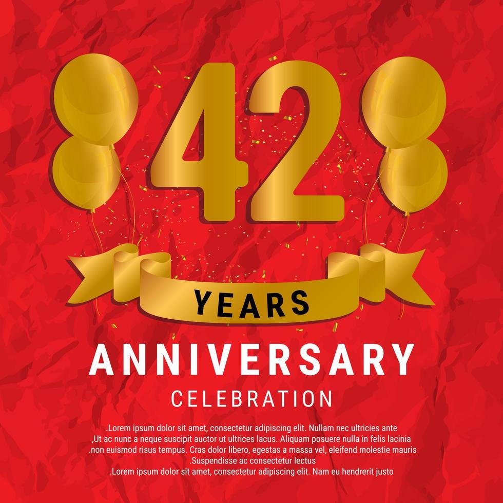 42 Years Anniversary celebration. Luxury happy birthday card background with elements balloons and ribbon with glitter effects. Abstract Red with Confetti and Golden Ribbon. Vector Illustration EPS10